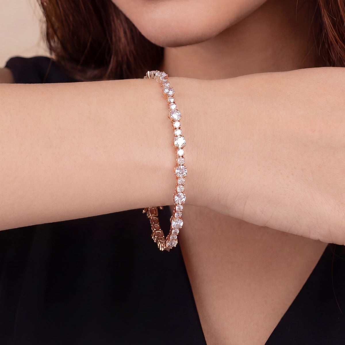 Alternating round tennis bracelet, moissanite stones in 18K Rose Gold Vermeil