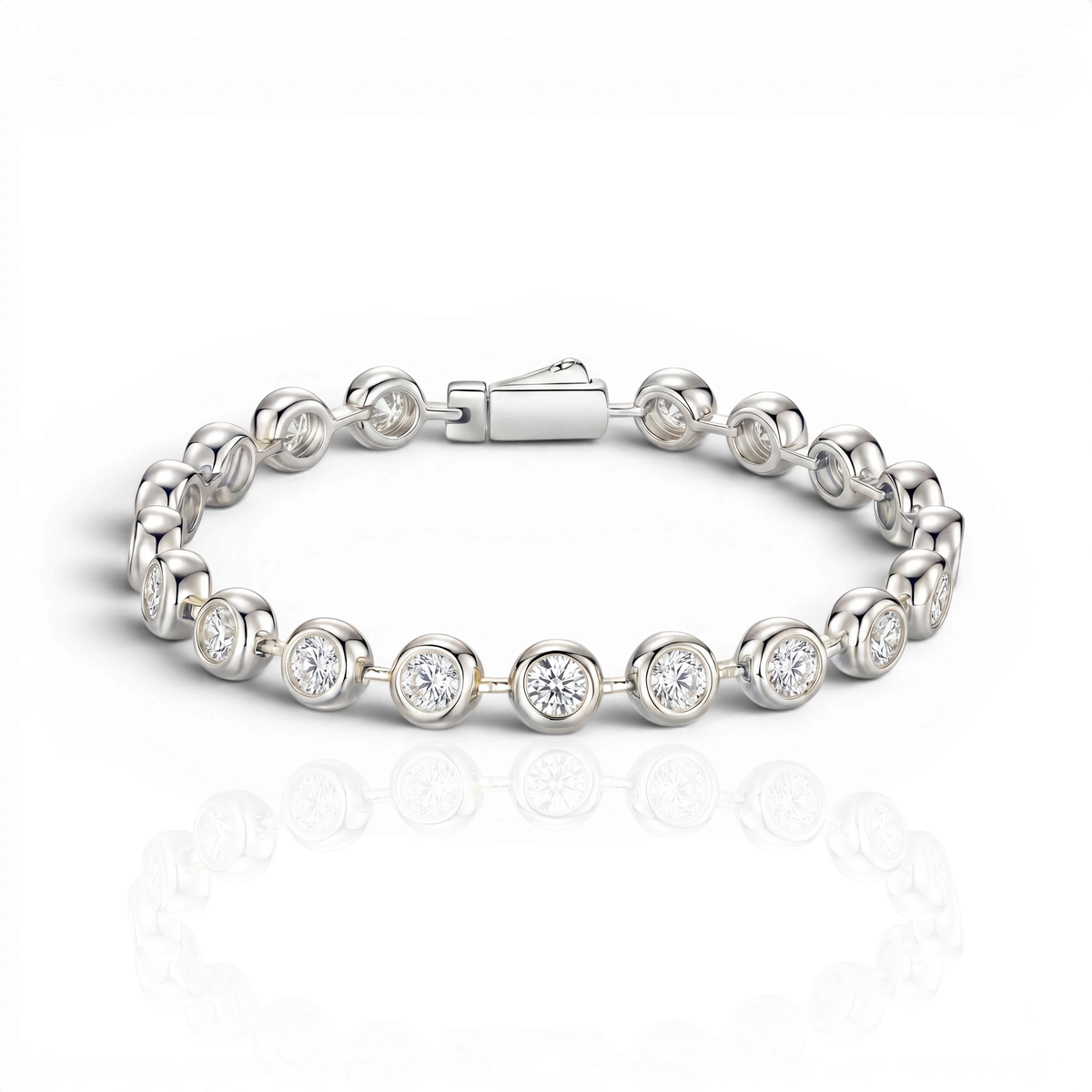 Bezel-set tennis bracelet, moissanite stones in 18K White Gold Vermeil