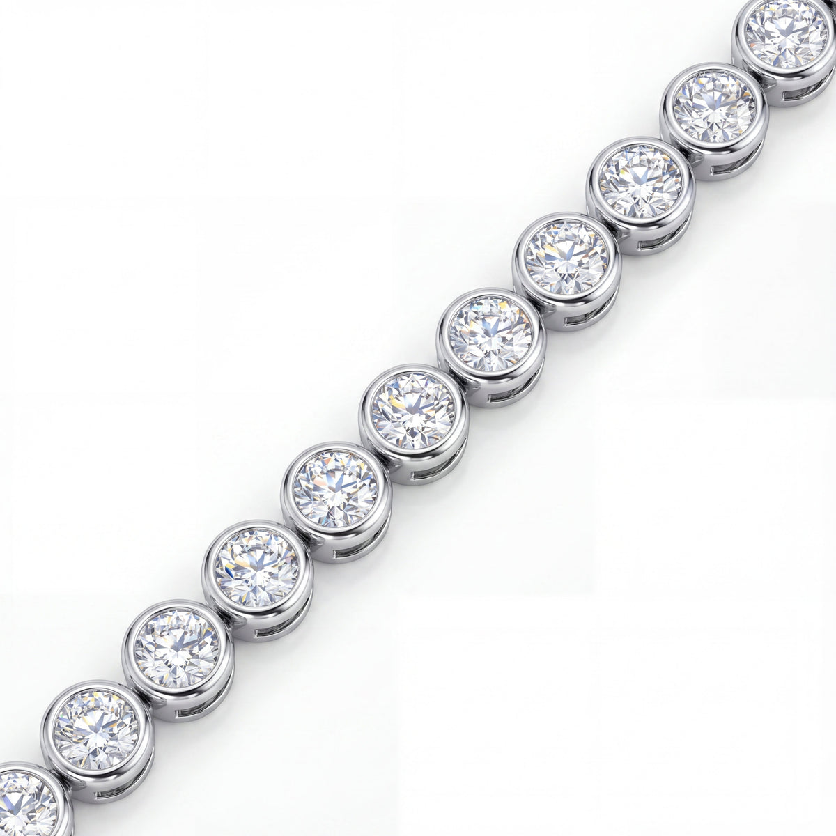 Bezel-set tennis bracelet, moissanite stones in 18K White Gold Vermeil