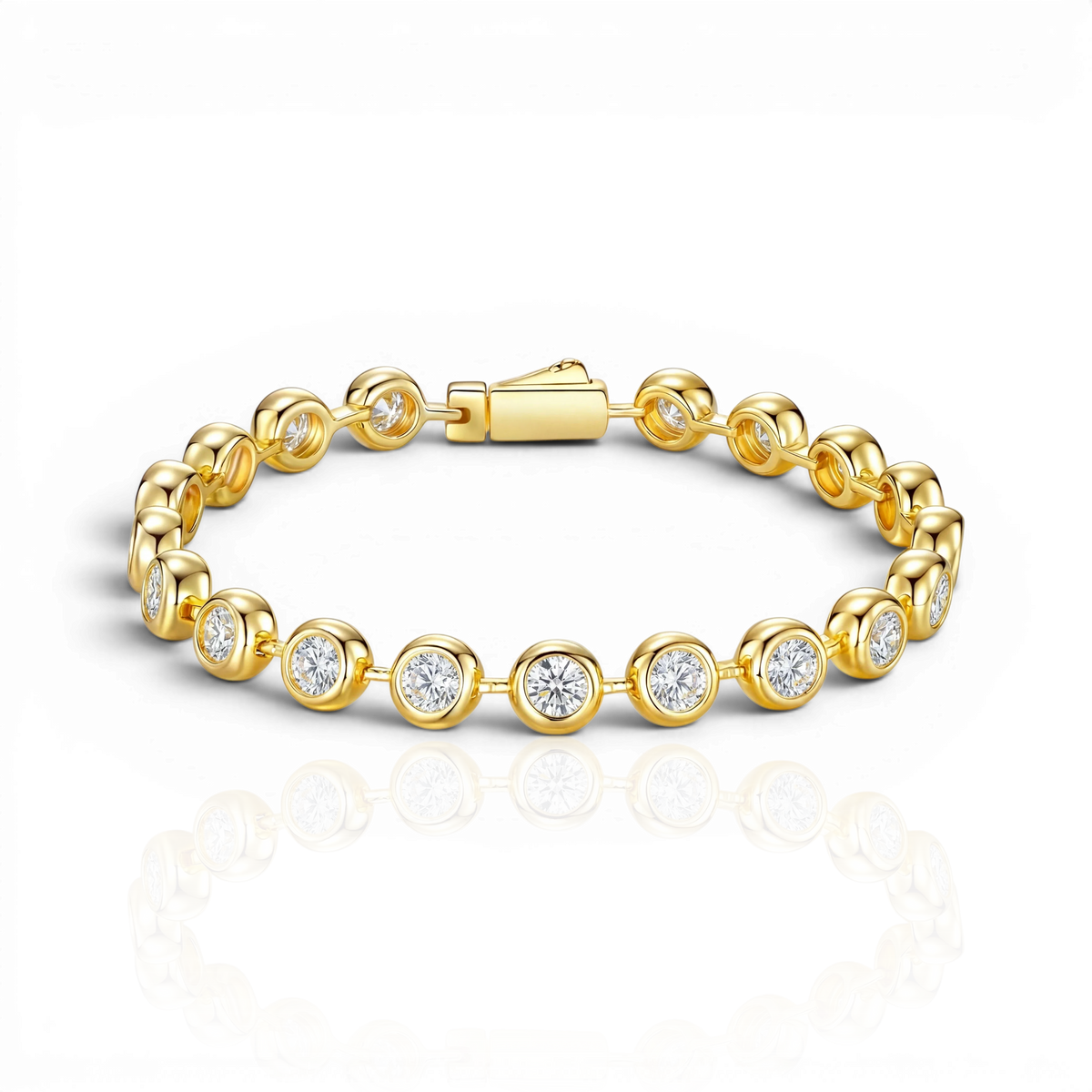 Bezel-set tennis bracelet, moissanite stones in 18K Yellow Gold Vermeil