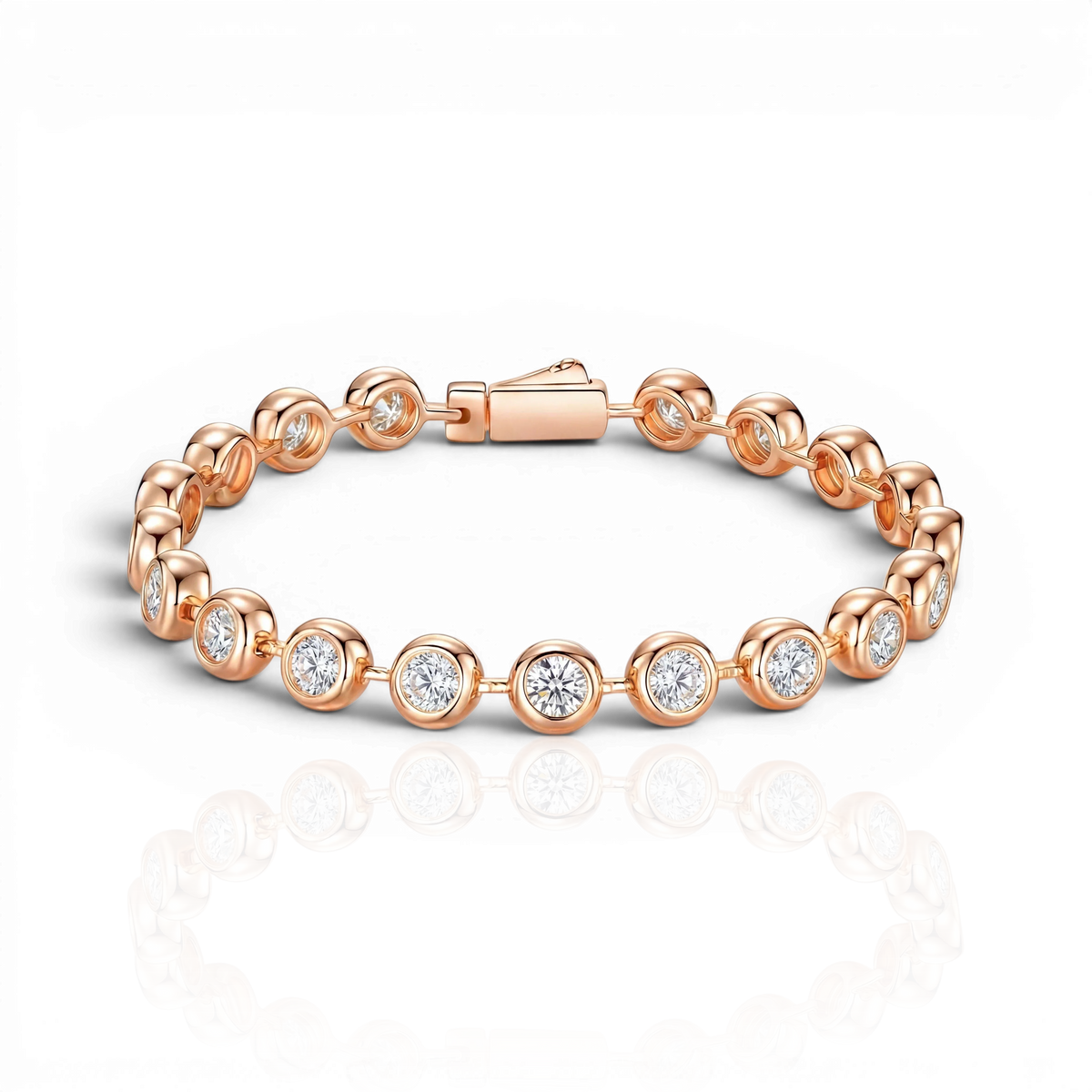 Bezel-set tennis bracelet, moissanite stones in 18K Rose Gold Vermeil