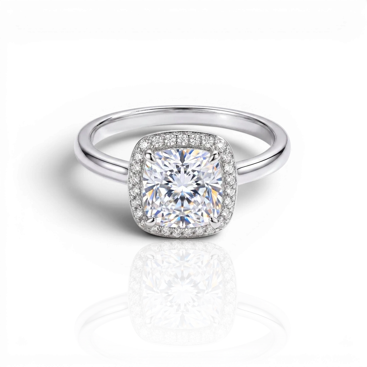 Cushion-cut halo engagement ring, moissanite stones in 18K White Gold Vermeil