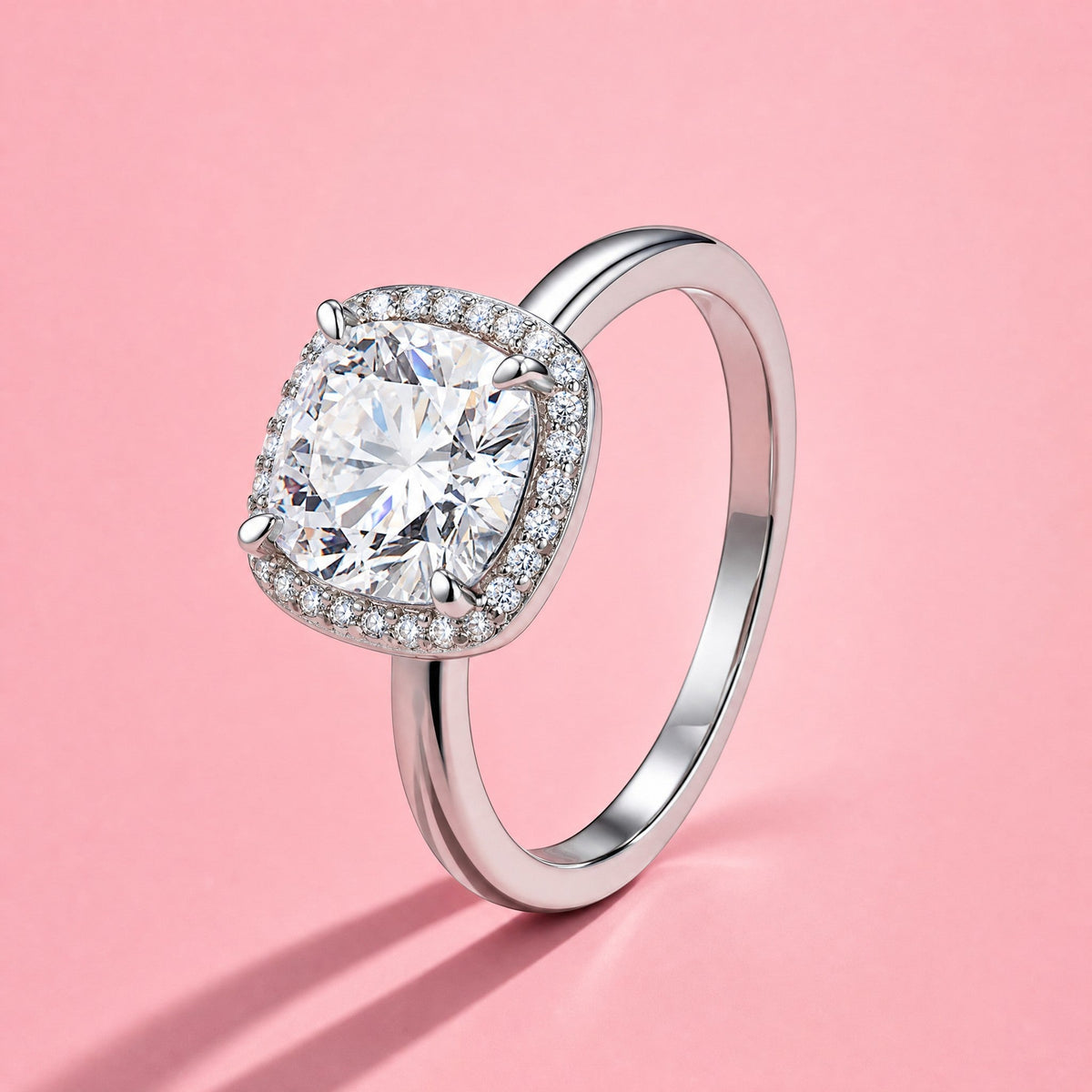 Cushion-cut halo engagement ring, moissanite stones in 18K White Gold Vermeil