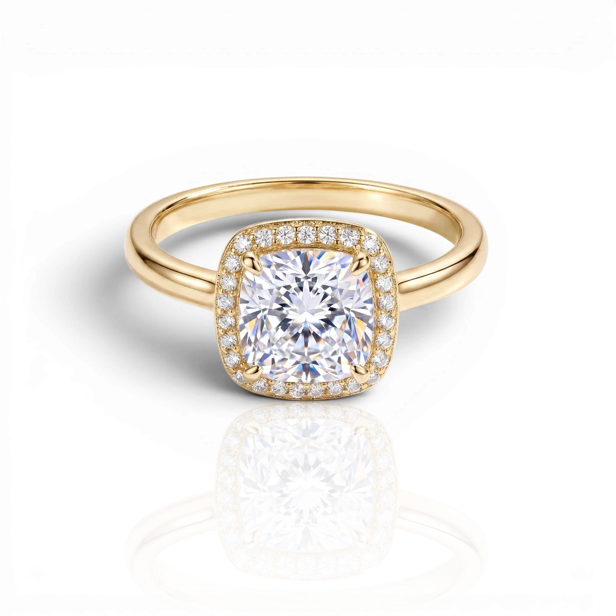 Cushion-cut halo engagement ring, moissanite stones in 18K Yellow Gold Vermeil