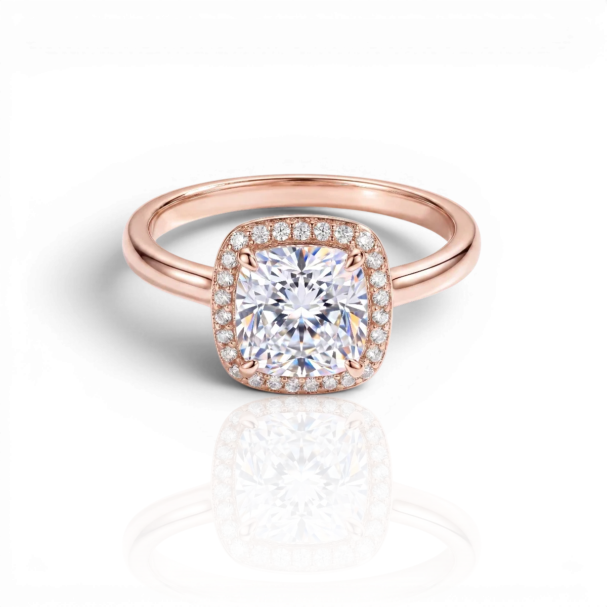 Cushion-cut halo engagement ring, moissanite stones in 18K Rose Gold Vermeil