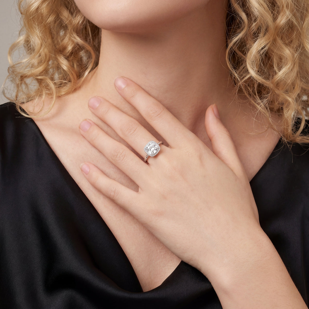 Cushion-cut halo engagement ring, moissanite stones in 18K White Gold Vermeil