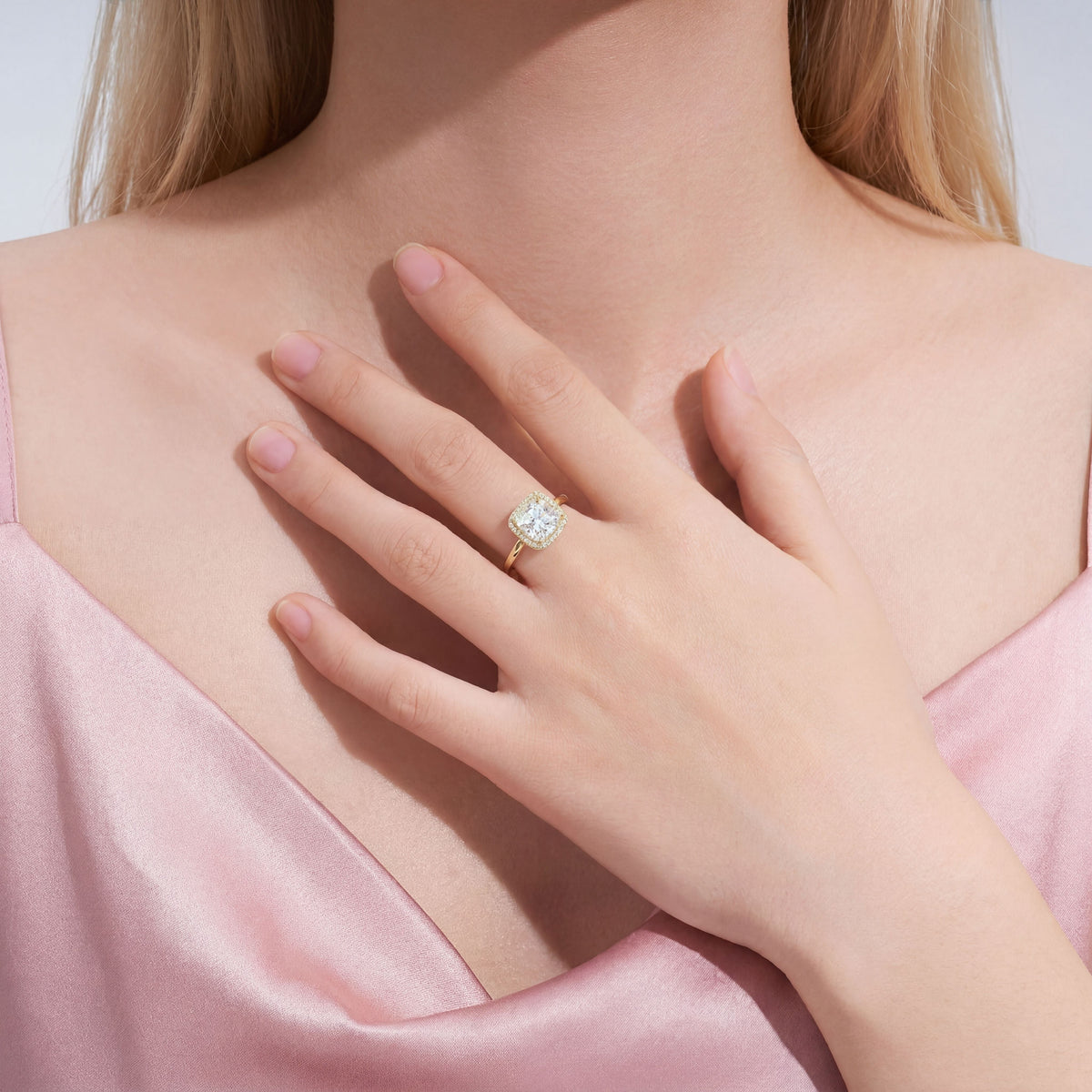 Cushion-cut halo engagement ring, moissanite stones in 18K White Gold Vermeil