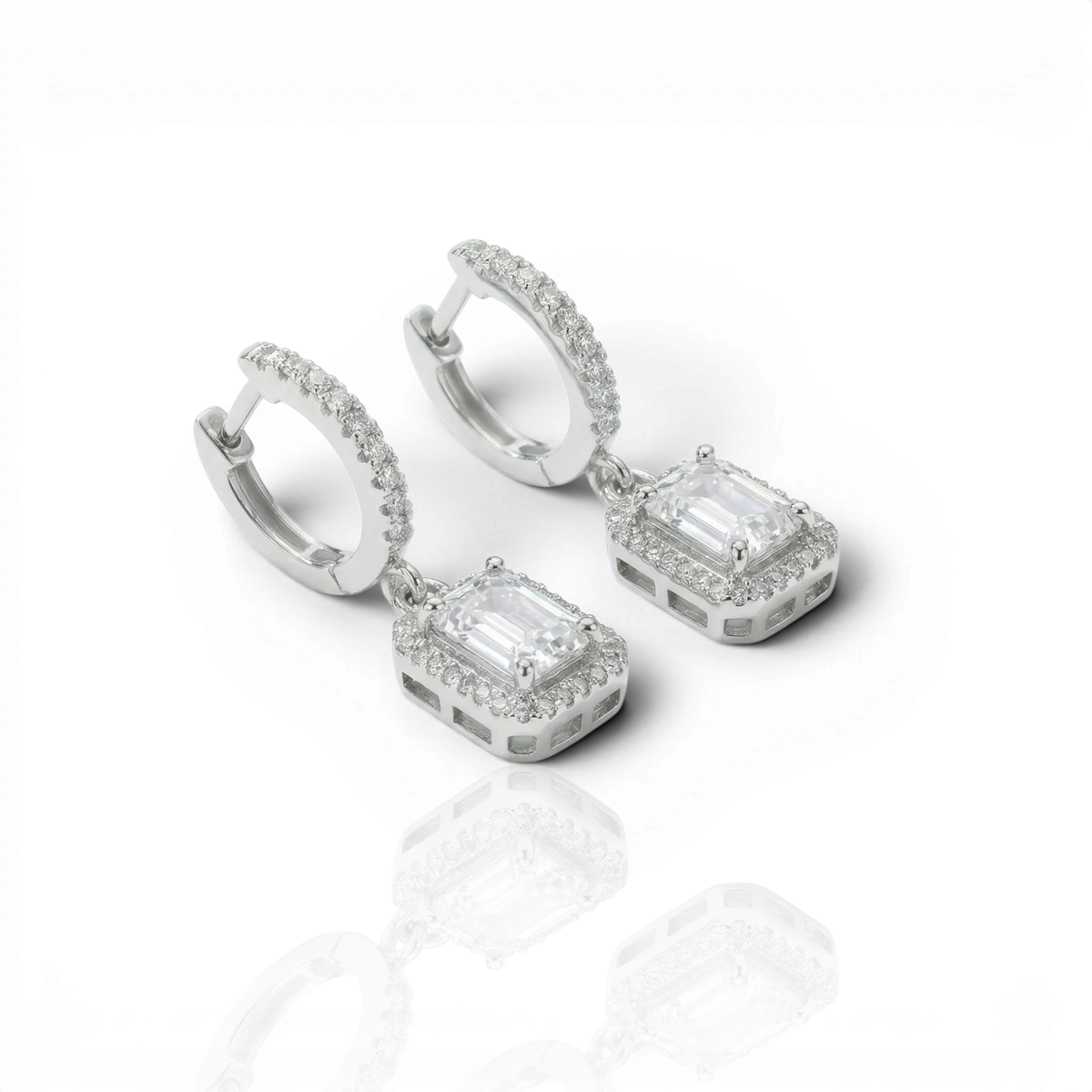 Emerald-cut halo drop earrings on pavé huggies, moissanite stones in 18K White Gold Vermeil