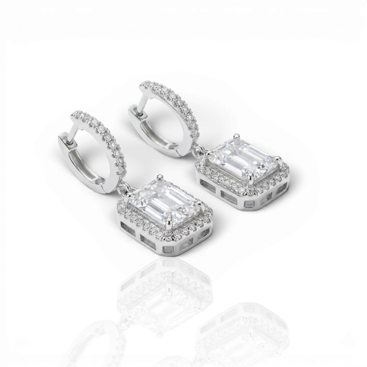Emerald-cut halo drop earrings on pavé huggies, moissanite stones in 18K White Gold Vermeil