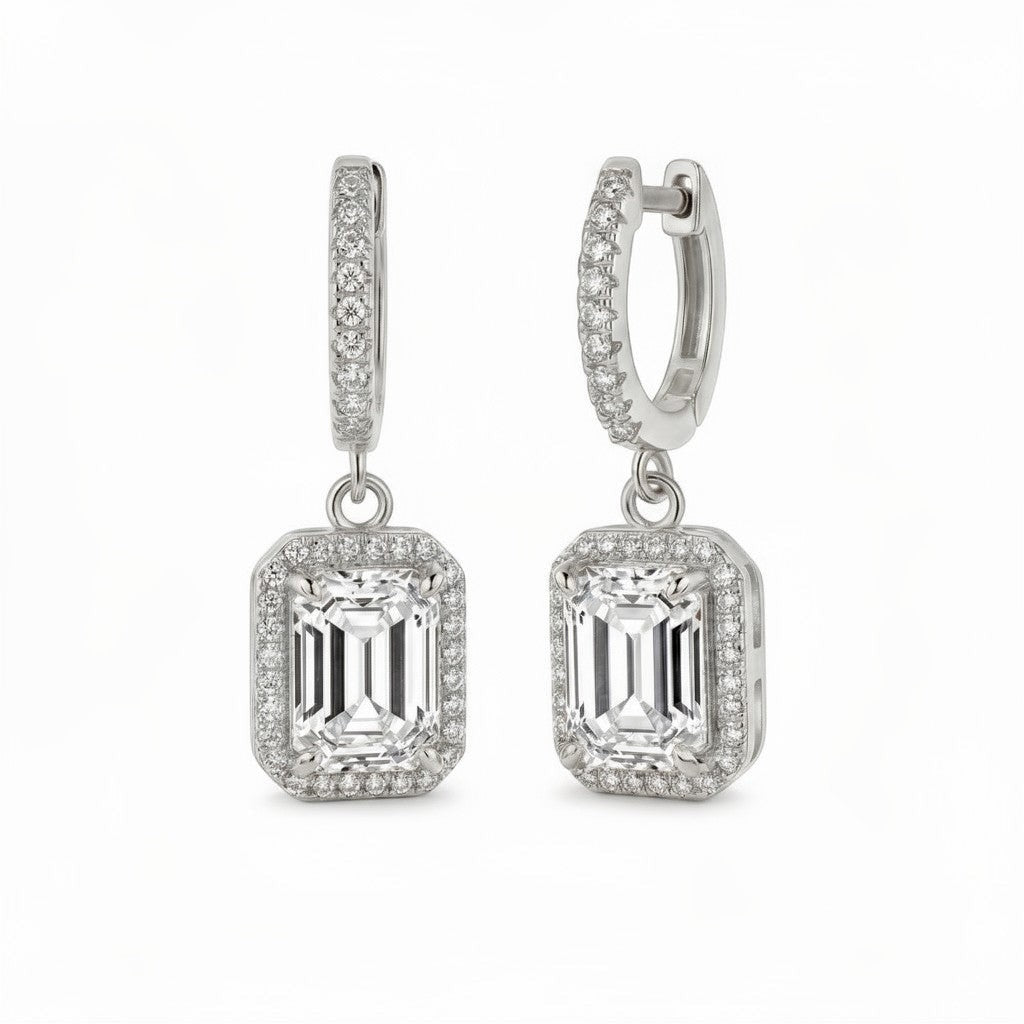 Emerald-cut halo drop earrings on pavé huggies, moissanite stones in 18K White Gold Vermeil