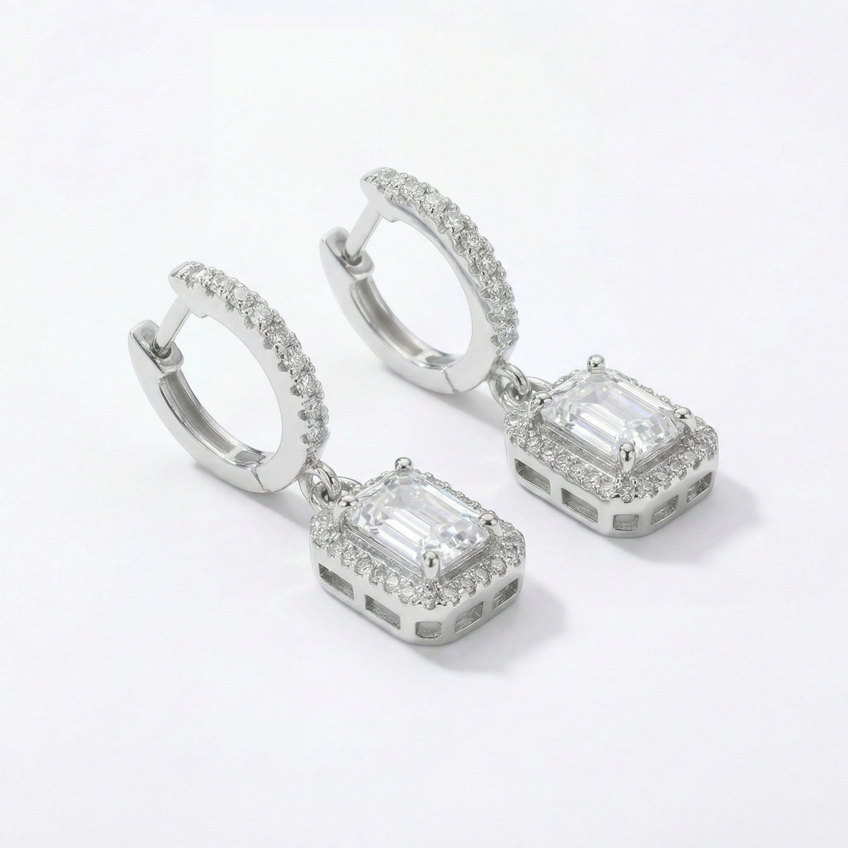Emerald-cut halo drop earrings on pavé huggies, moissanite stones in 18K White Gold Vermeil