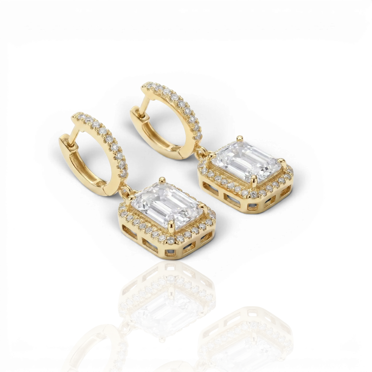 Emerald-cut halo drop earrings on pavé huggies, moissanite stones in 18K Yellow Gold Vermeil