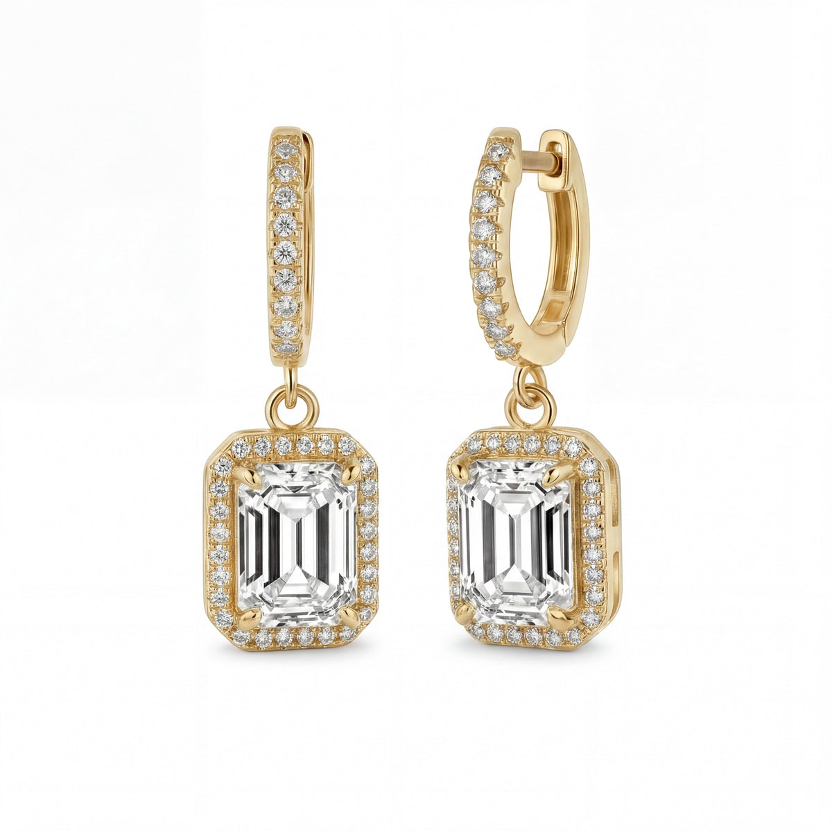 Emerald-cut halo drop earrings on pavé huggies, moissanite stones in 18K Yellow Gold Vermeil
