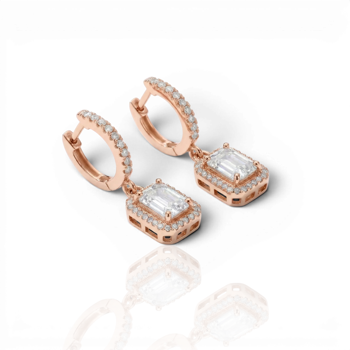 Emerald-cut halo drop earrings on pavé huggies, moissanite stones in 18K Rose Gold Vermeil