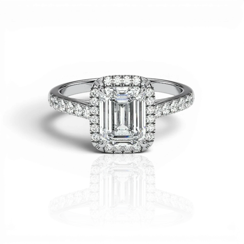Emerald-cut halo engagement ring with pavé band, moissanite stones in 18K White Gold Vermeil