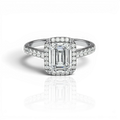 Emerald-cut halo engagement ring with pavé band, moissanite stones in 18K White Gold Vermeil