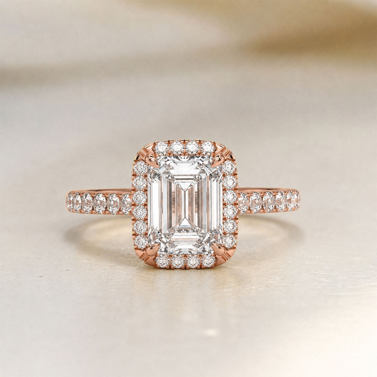 Emerald-cut halo engagement ring with pavé band, moissanite stones in 18K Rose Gold Vermeil