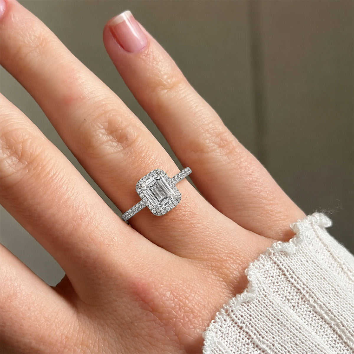 Emerald-cut halo engagement ring with pavé band, moissanite stones in 18K White Gold Vermeil