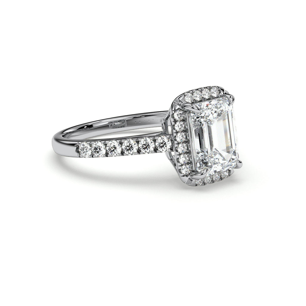 Emerald-cut halo engagement ring with pavé band, moissanite stones in 18K White Gold Vermeil