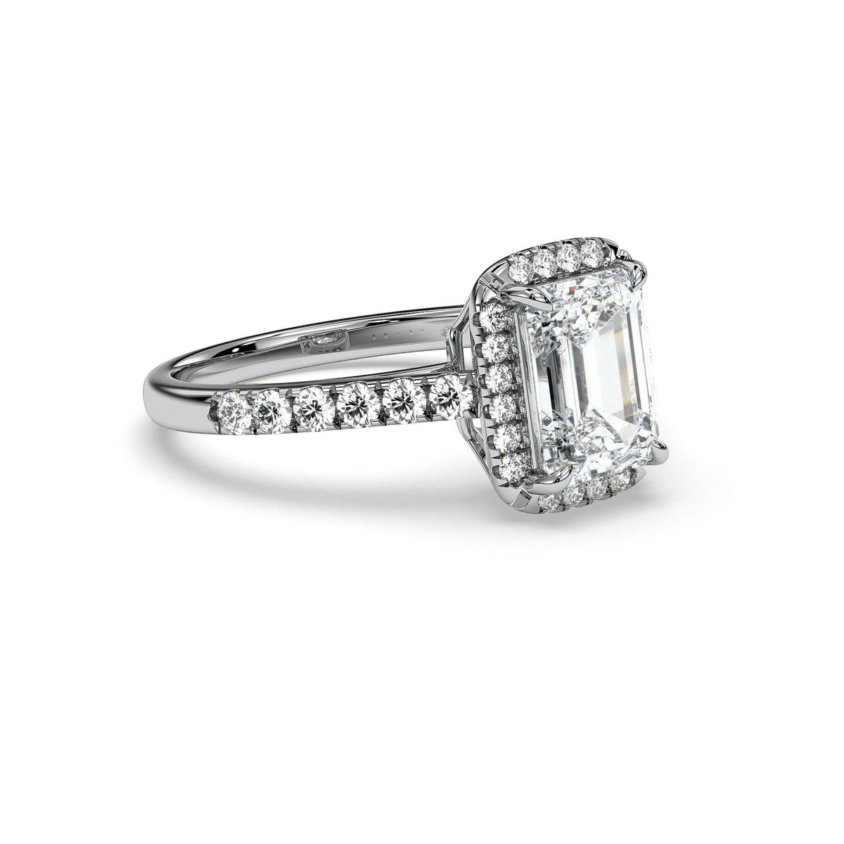 Emerald-cut halo engagement ring with pavé band, moissanite stones in 18K White Gold Vermeil