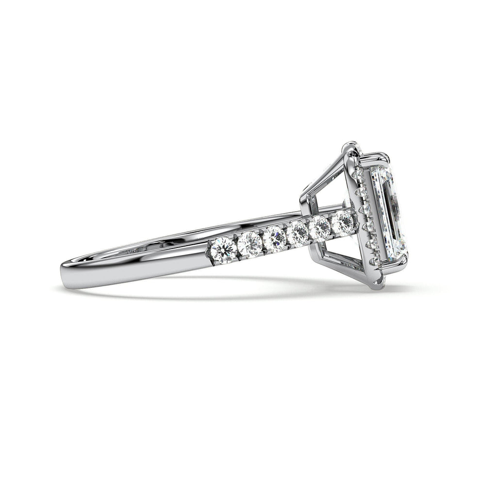 Emerald-cut halo engagement ring with pavé band, moissanite stones in 18K White Gold Vermeil