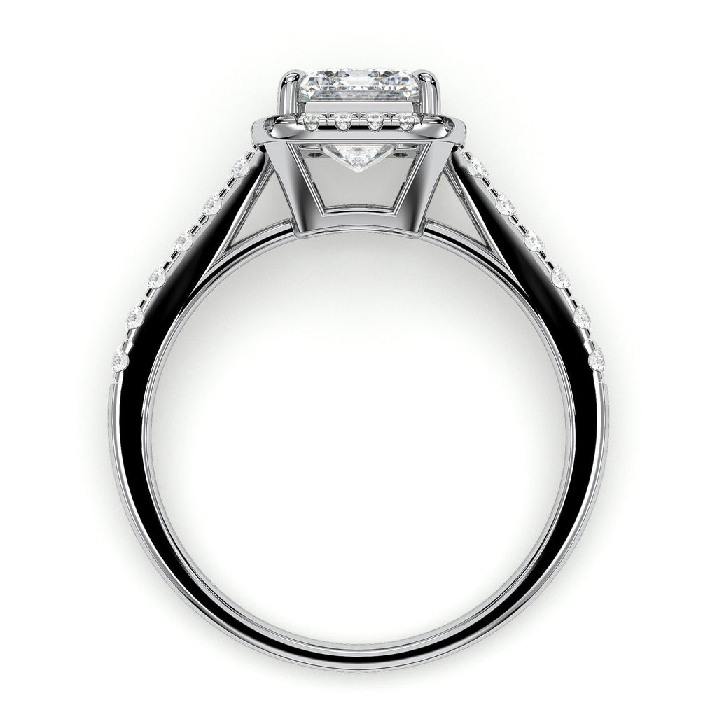 Emerald-cut halo engagement ring with pavé band, moissanite stones in 18K White Gold Vermeil