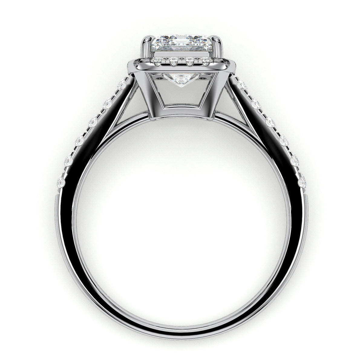 Emerald-cut halo engagement ring with pavé band, moissanite stones in 18K White Gold Vermeil