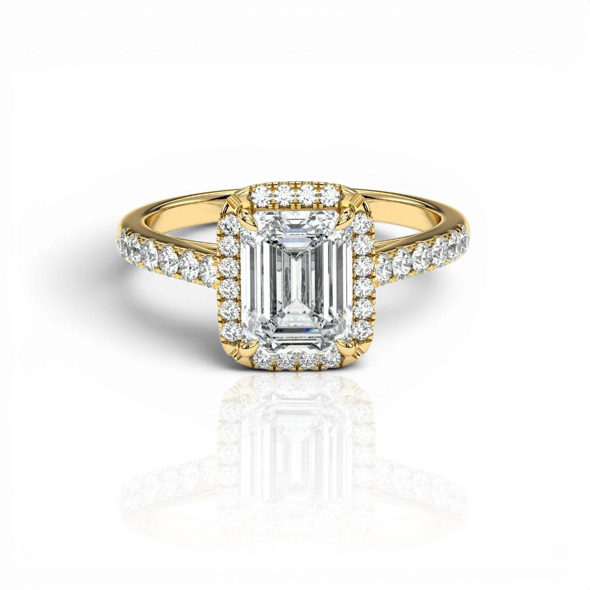 Emerald-cut halo engagement ring with pavé band, moissanite stones in 18K Yellow Gold Vermeil