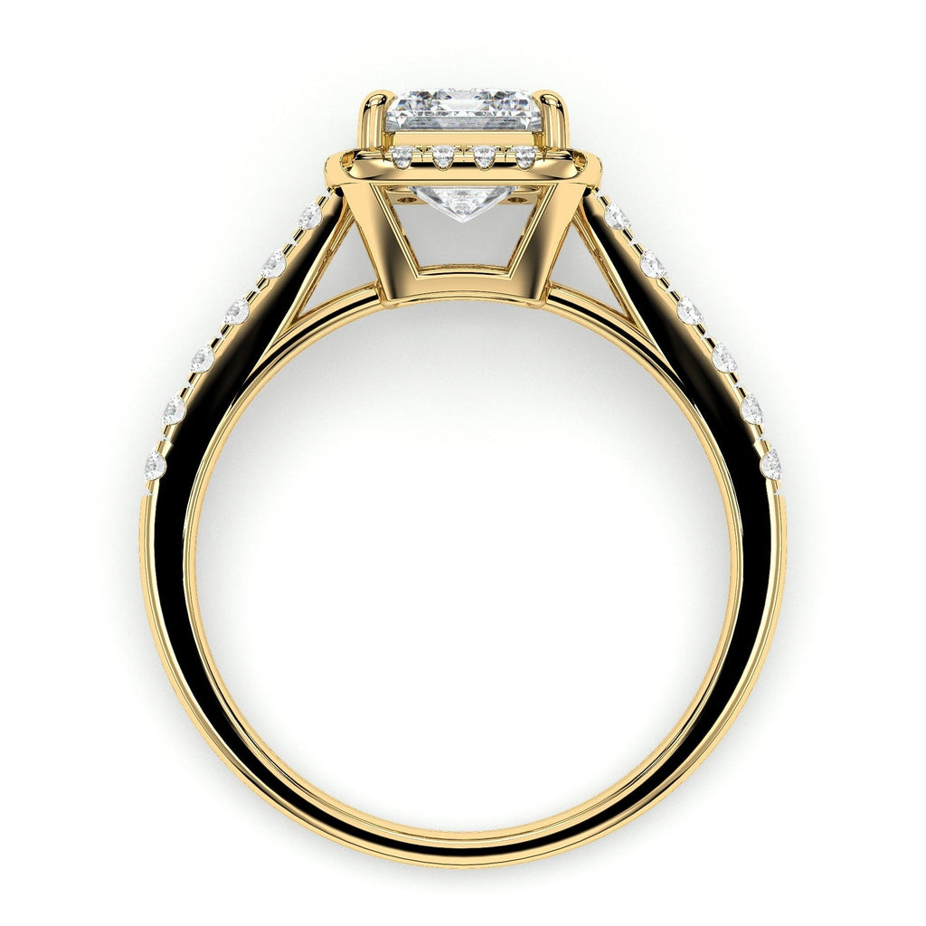 Emerald-cut halo engagement ring with pavé band, moissanite stones in 18K Yellow Gold Vermeil
