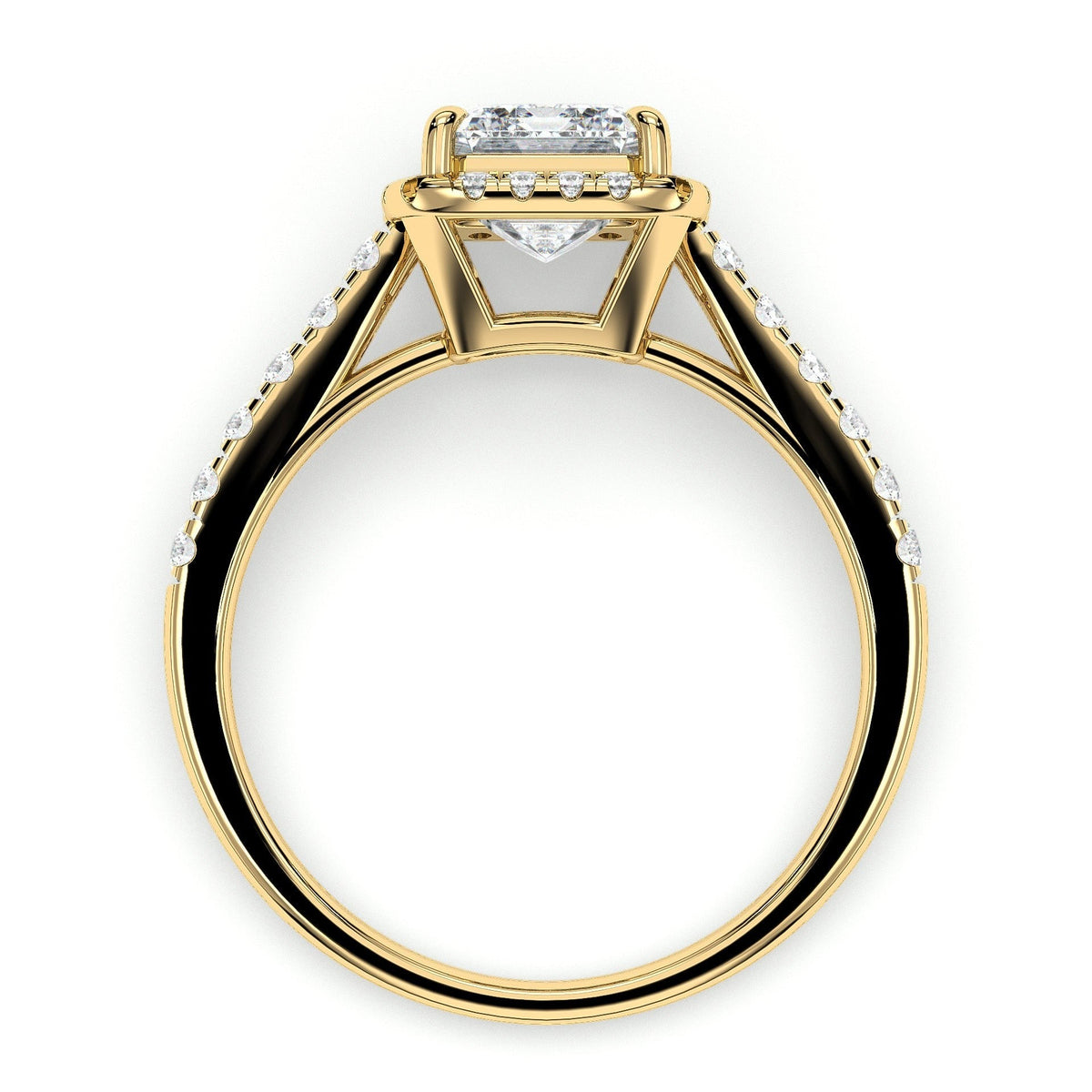 Emerald-cut halo engagement ring with pavé band, moissanite stones in 18K Yellow Gold Vermeil