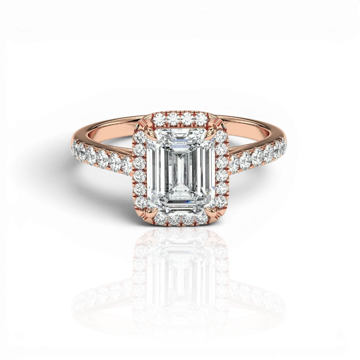 Emerald-cut halo engagement ring with pavé band, moissanite stones in 18K Rose Gold Vermeil