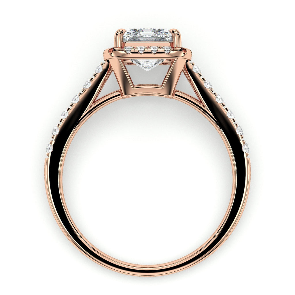 Emerald-cut halo engagement ring with pavé band, moissanite stones in 18K Rose Gold Vermeil