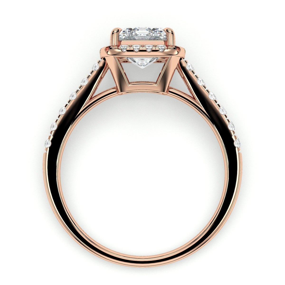 Emerald-cut halo engagement ring with pavé band, moissanite stones in 18K Rose Gold Vermeil