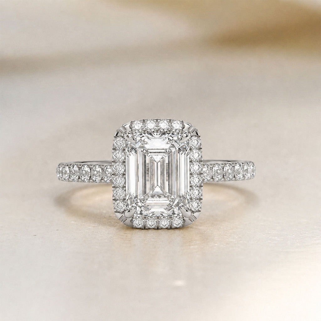 Emerald-cut halo engagement ring with pavé band, moissanite stones in 18K White Gold Vermeil