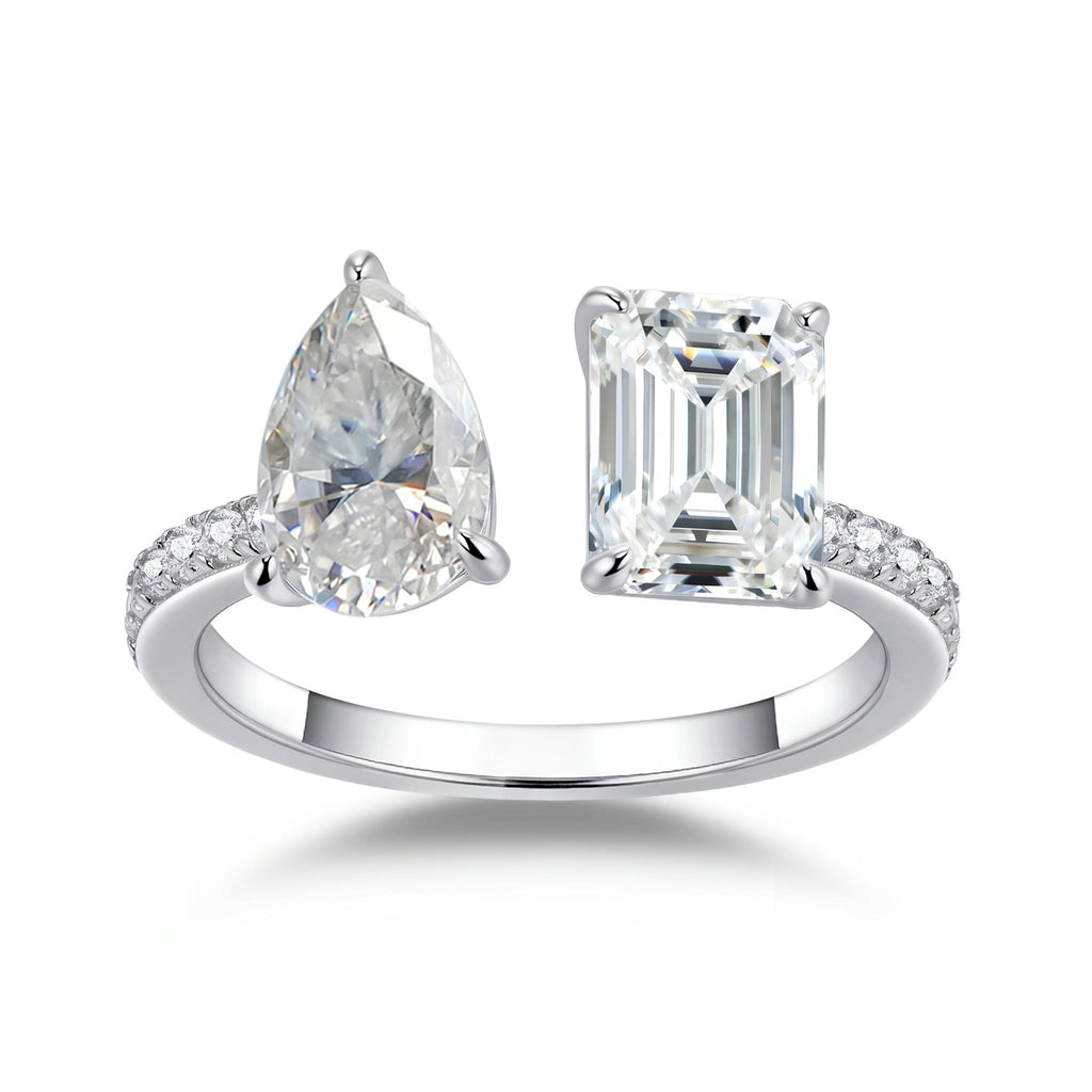 Emerald-Cut and Pear Moissanite Open Ring – Delphine in 18K White Gold Vermeil