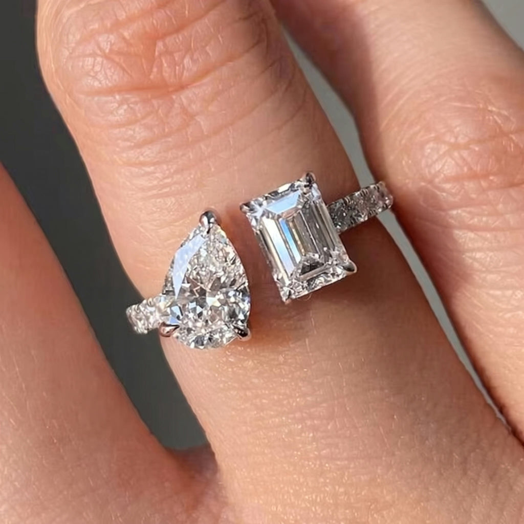 Emerald-Cut and Pear Moissanite Open Ring – Delphine, styled