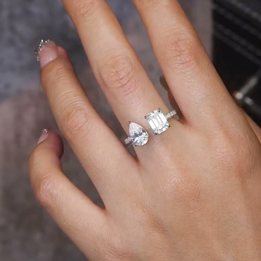 Emerald-Cut and Pear Moissanite Open Ring – Delphine, styled