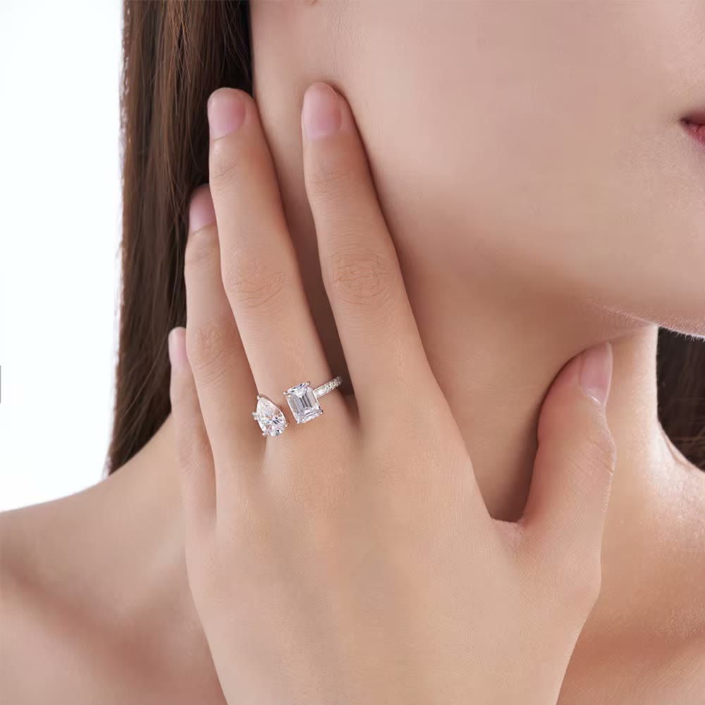 Emerald-Cut and Pear Moissanite Open Ring – Delphine, styled