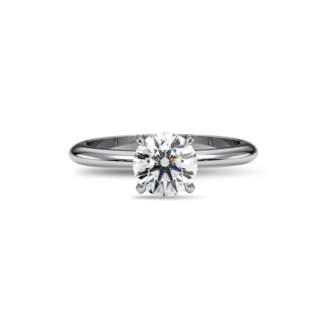 Four-prong round solitaire engagement ring, moissanite stone in 18K White Gold Vermeil