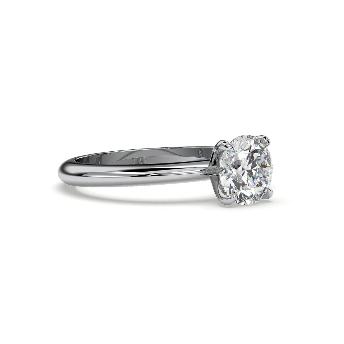 Four-prong round solitaire engagement ring, moissanite stone in 18K White Gold Vermeil