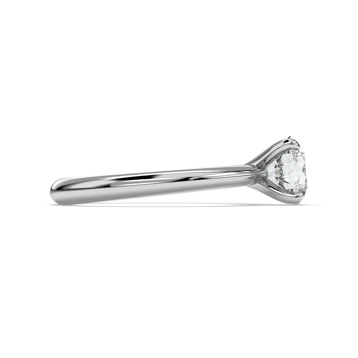 Four-prong round solitaire engagement ring, moissanite stone in 18K White Gold Vermeil
