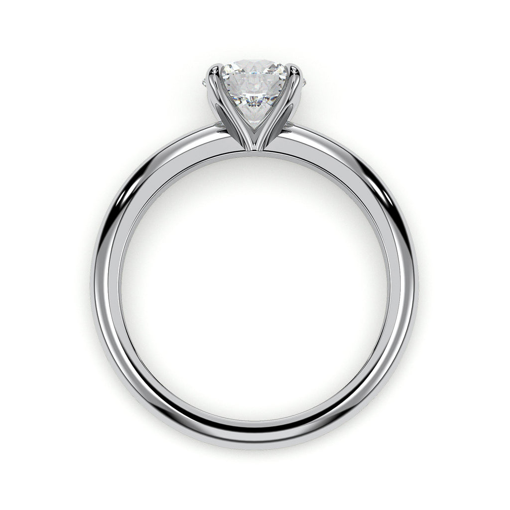 Four-prong round solitaire engagement ring, moissanite stone in 18K White Gold Vermeil