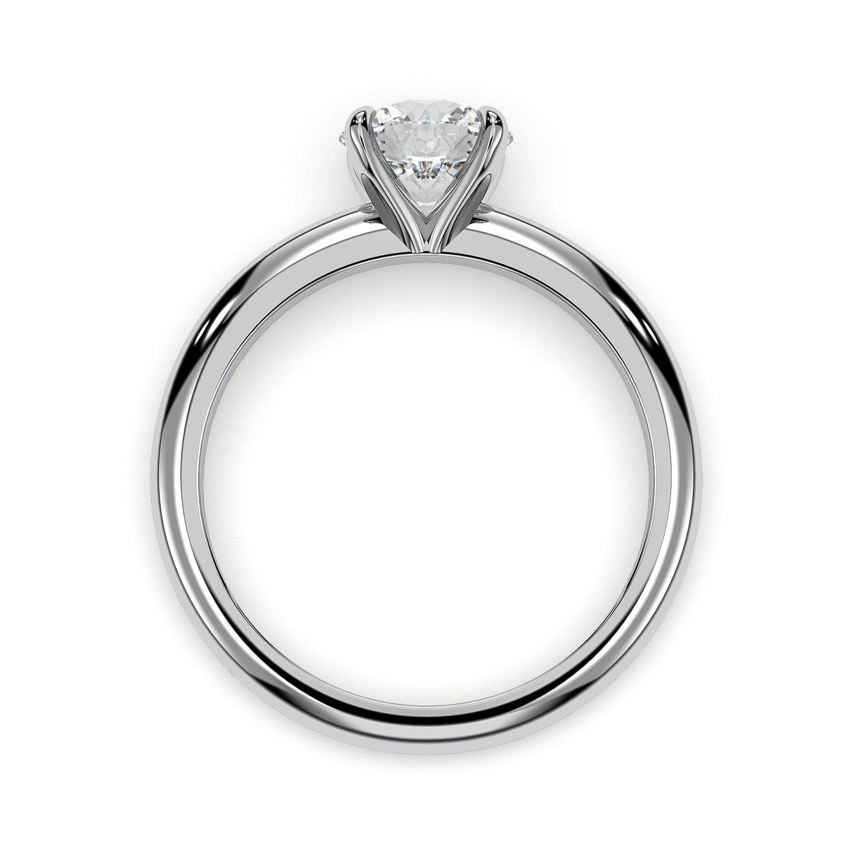 Four-prong round solitaire engagement ring, moissanite stone in 18K White Gold Vermeil