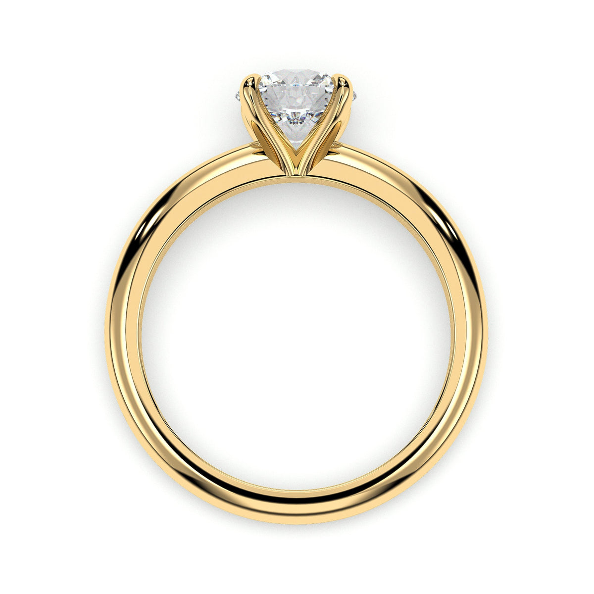 Four-prong round solitaire engagement ring, moissanite stone in 18K Yellow Gold Vermeil