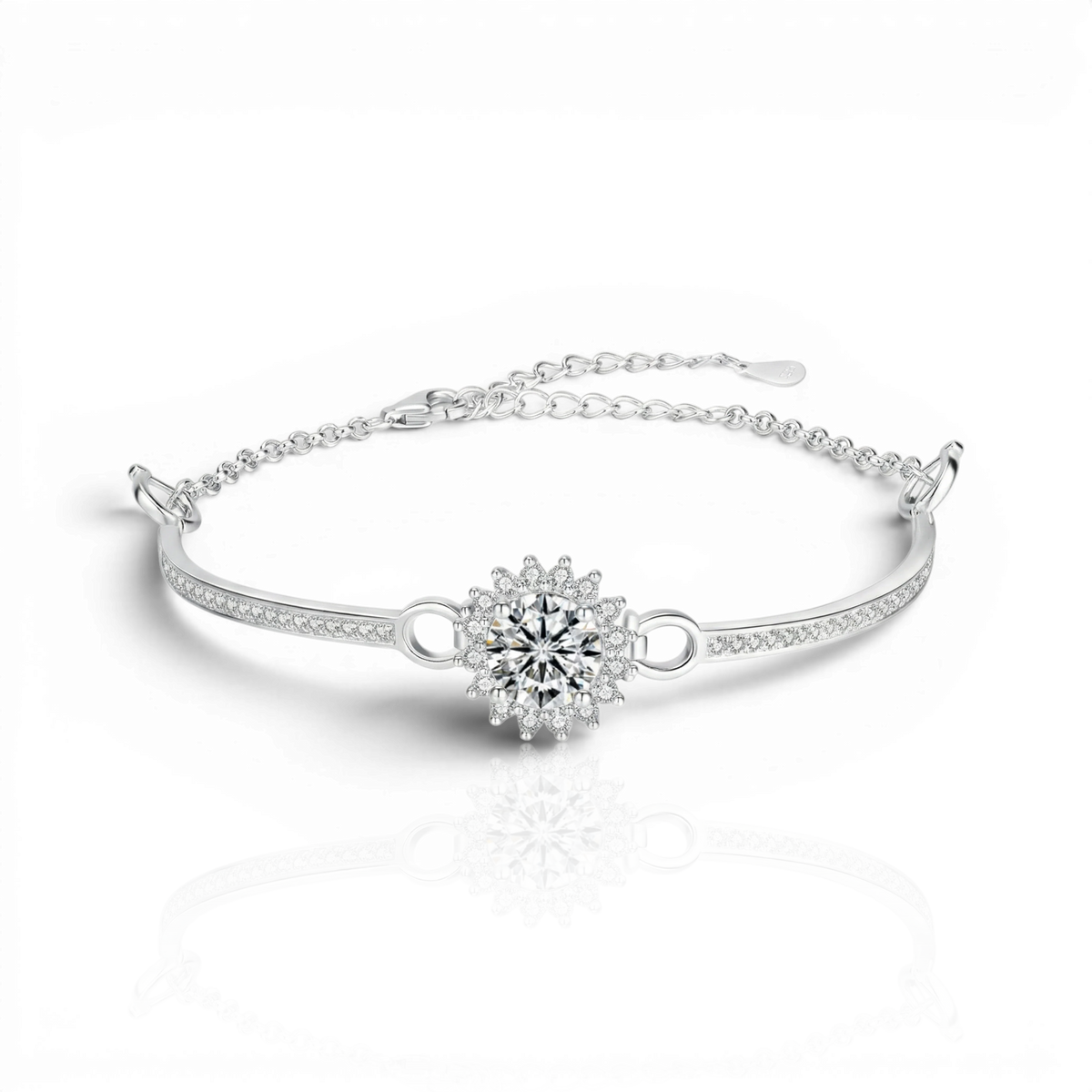 Halo half-bangle bracelet with chain back, moissanite stones in 18K White Gold Vermeil