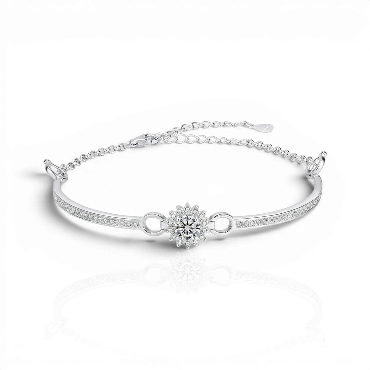 Halo half-bangle bracelet with chain back, moissanite stones in 18K White Gold Vermeil