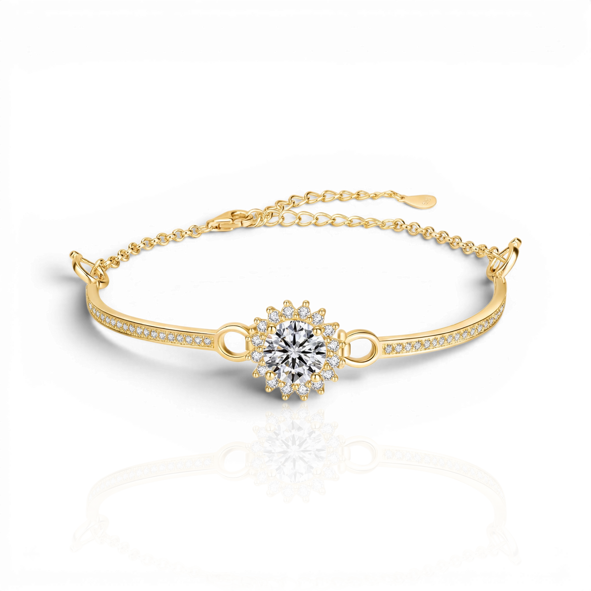 Halo half-bangle bracelet with chain back, moissanite stones in 18K Yellow Gold Vermeil