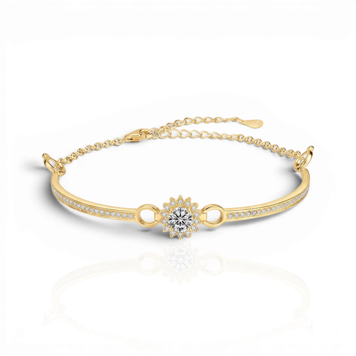 Halo half-bangle bracelet with chain back, moissanite stones in 18K Yellow Gold Vermeil