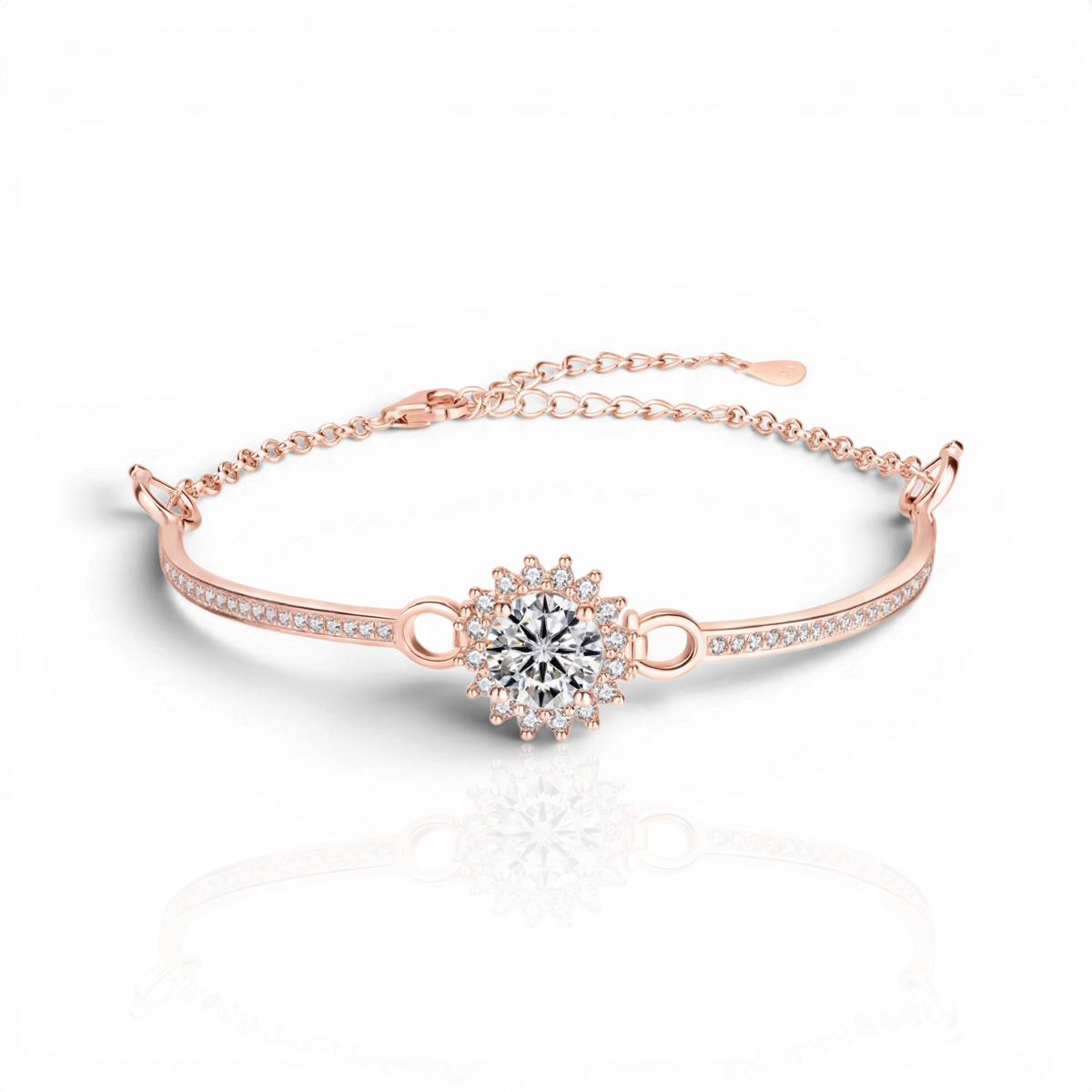 Halo half-bangle bracelet with chain back, moissanite stones in 18K Rose Gold Vermeil