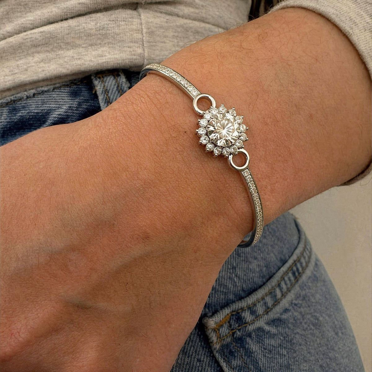 Halo half-bangle bracelet with chain back, moissanite stones in 18K White Gold Vermeil